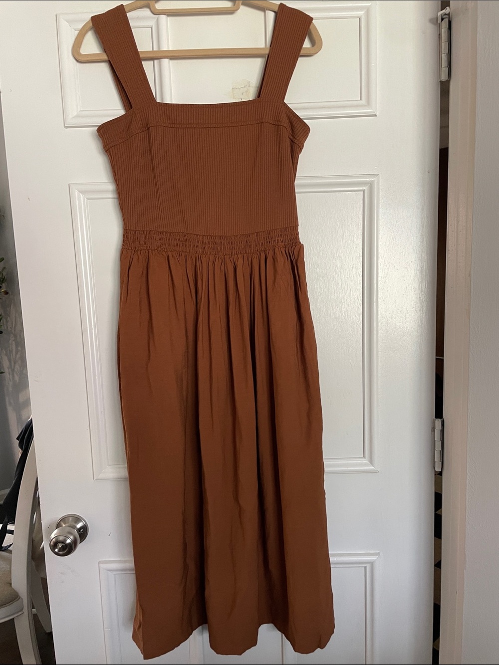 Anthropologie Square Neck Brown Sleeveless Autumn Midi Dress